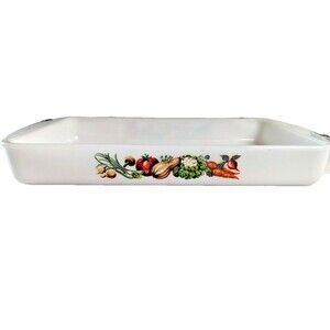 Glasbake Vegetable Medley J-2026 Lasagna Pan Baker 3-qt Milk Glass Vintage 1970s